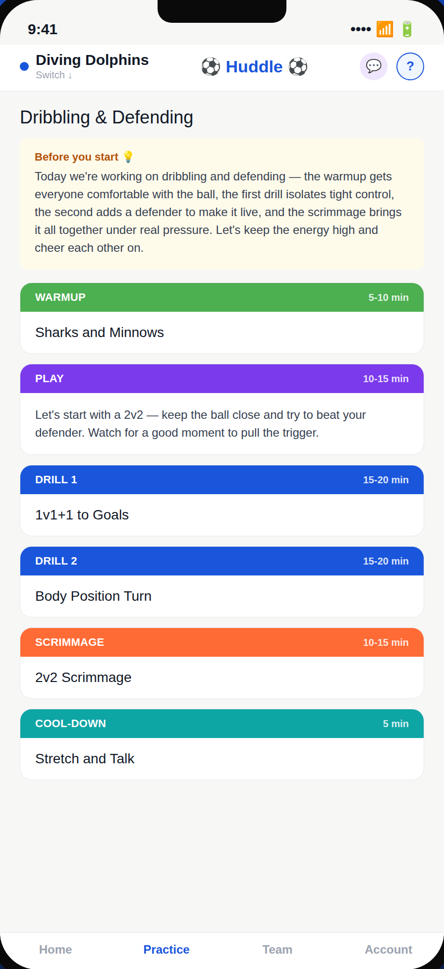 The Huddle practice screen: a full session broken into timed blocks from warmup through cool-down, with a coaching brief at the top.