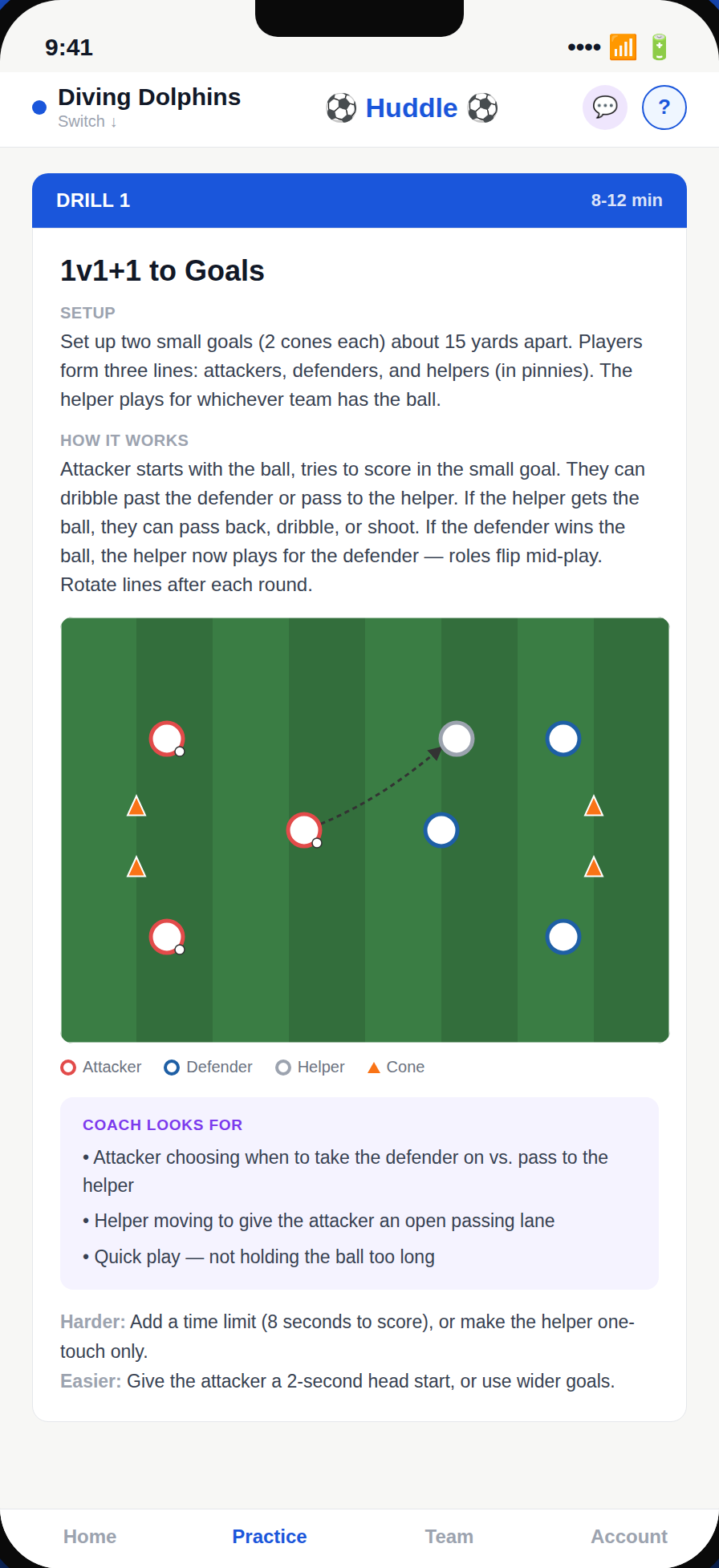 A Huddle drill page: setup instructions, a field diagram with every player and cone placed, coaching cues, and options to make the drill harder or easier.